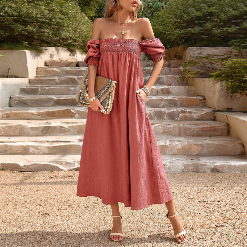 Solid Color Square Neck Maxi Dress in Apricot Green Khaki Orange