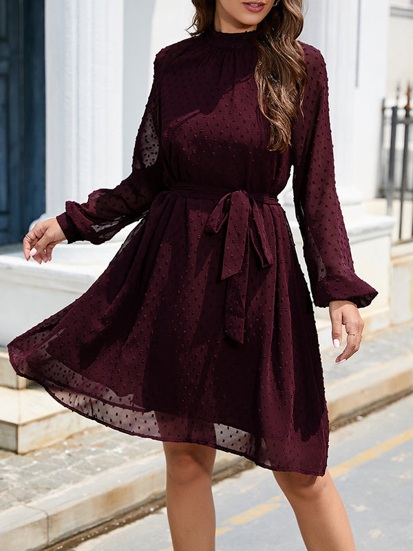 Loose Belted Solid Color Split-Joint Round-neck Mini Dresses