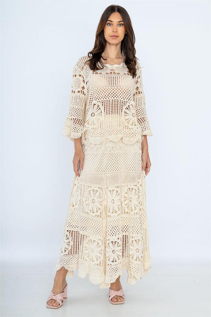 Knit Round Neck Long Sleeve Top ?Mid waist Knit Midi Dress Set