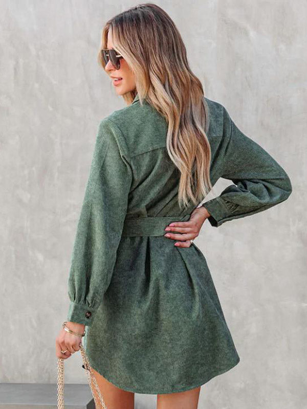 Corduroy Shirt Dresses Solid Color Belted Daily Fall Spring Mini Dress