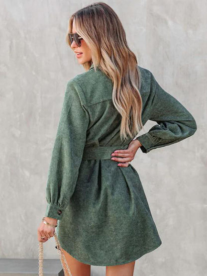Corduroy Shirt Dresses Solid Color Belted Daily Fall Spring Mini Dress