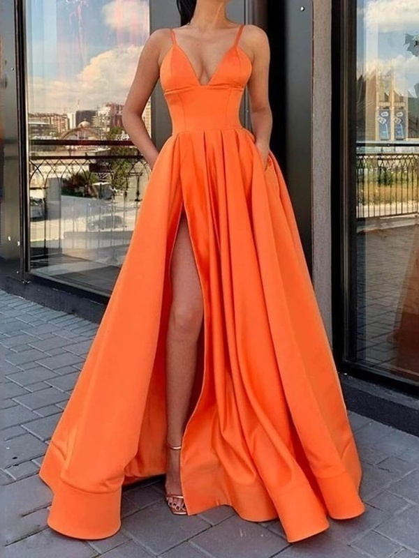 Solid Color Satin Spaghetti Strap Long Dress