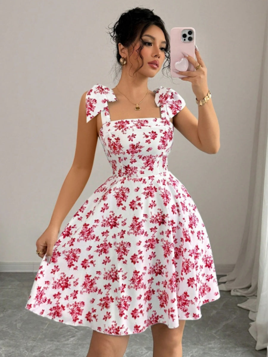 Waist V-neck Bandage Camisoles Printed Vacation And Leisure Mini&Short Dresses