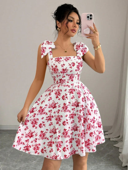 Waist V-neck Bandage Camisoles Printed Vacation And Leisure Mini&Short Dresses