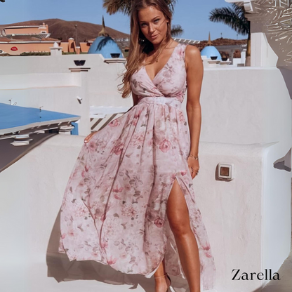 Tropical Floral Print V-Neck Tie-Waist High-Slit Maxi Dress