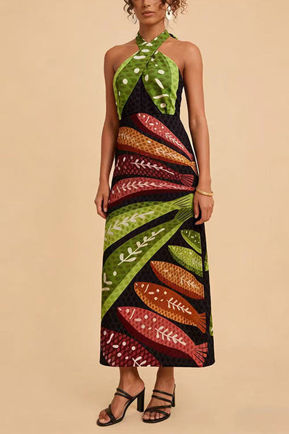 Margovil Halter Neck Backless Fish Print Maxi Dress