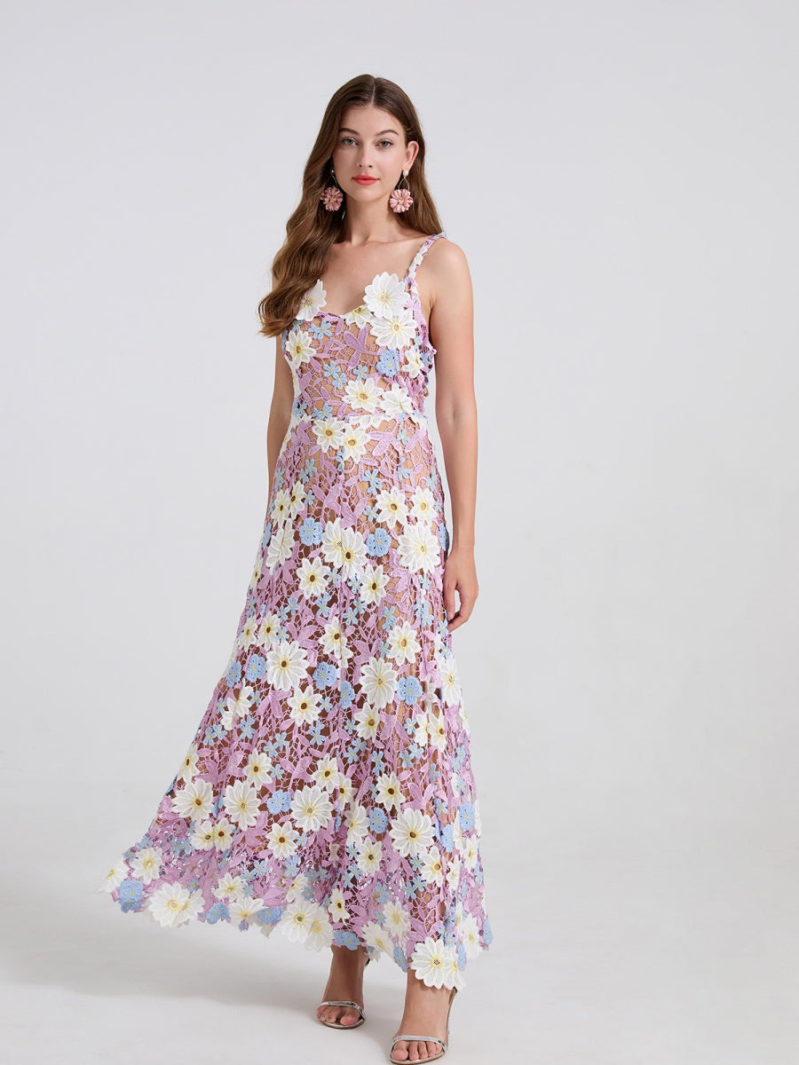 Lace Embroidery Spaghetti Strap Long Dress
