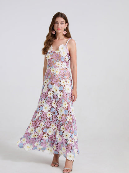 Lace Embroidery Spaghetti Strap Long Dress