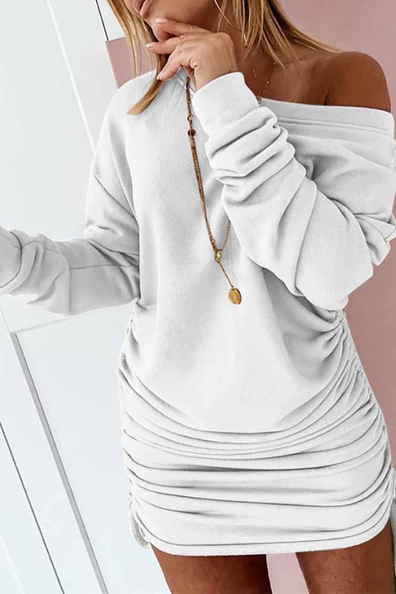 Off-Shoulder Asymmetric Neckline Side Ruched Drawstring Sweatshirt Mini Dress