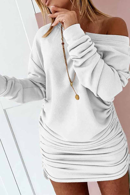 Off-Shoulder Asymmetric Neckline Side Ruched Drawstring Sweatshirt Mini Dress