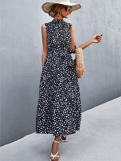 Mock Neck Tie Belt Tiered Polka Dot Sleeveless Midi Dress