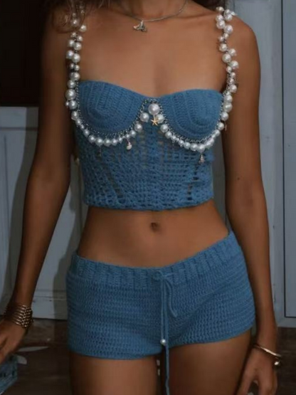 Solid Color Cropped Tank Top And Shorts Two-piece Set