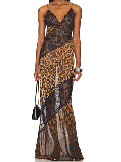 Leopard Print Lace Patchwork Deep V Halter Top Fish Tail Maxi Dresses
