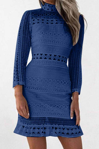 Mock Neck Long Sleeve Crochet Lace Ruffle Hem Bodycon Mini Dress
