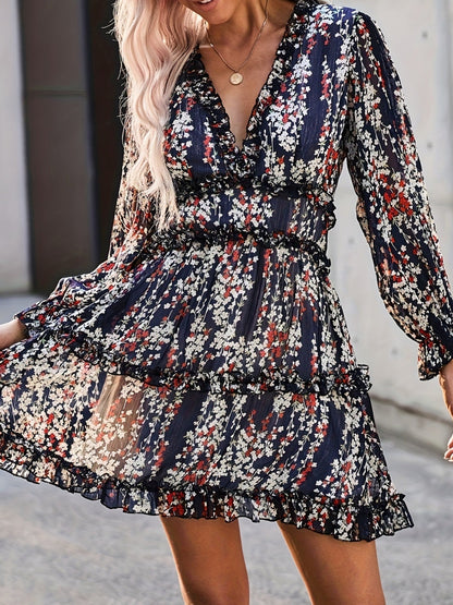 Floral Lace Deep V-neck Waist Puff Sleeve Sweet Mini&Short Dresses