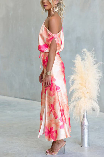One Shoulder Floral Print Slit Satin Maxi Dress