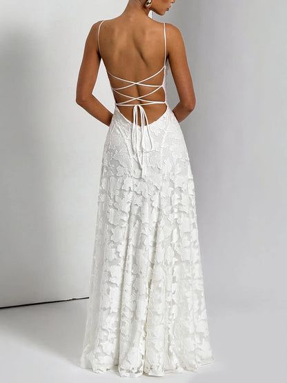 Spaghetti Strap Square Neck 3D Floral Applique A-Line Maxi Dress