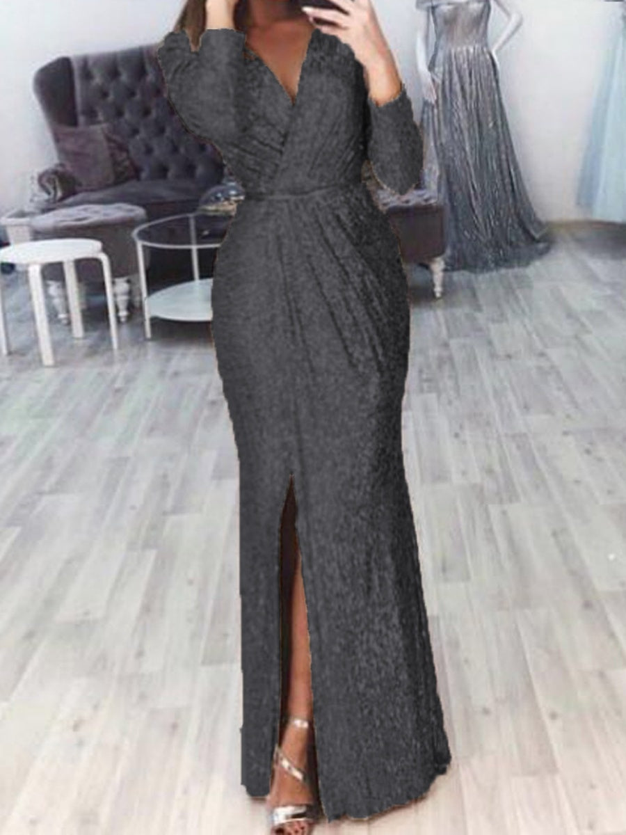 Deep V-neck Sparkly Waist-slimming Sequins Maxi Dresses
