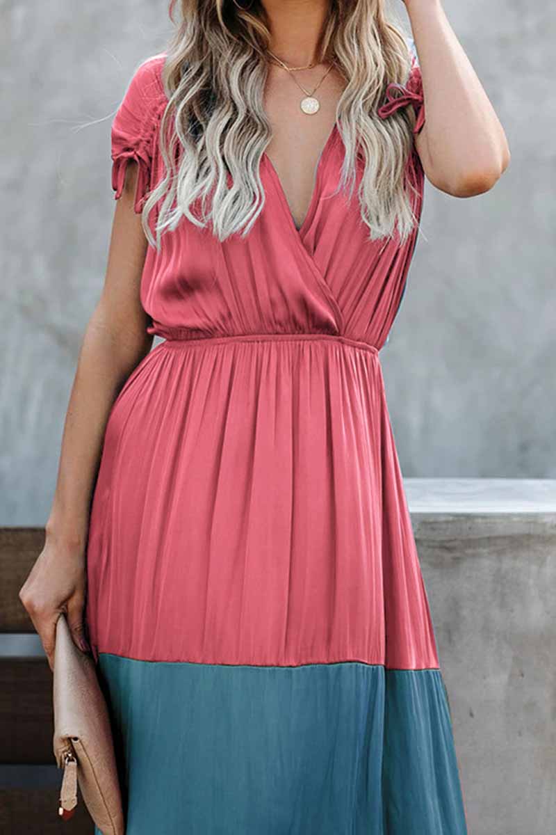 Wrap-Front V-Neck Tie Shoulder Tiered Colorblock Satin Maxi Dress