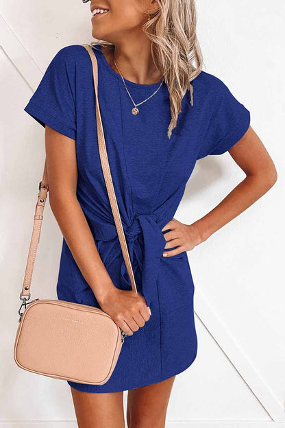 Tie Front Knotted Waist Crew Neck Cuffed Sleeve Jersey Mini Dress