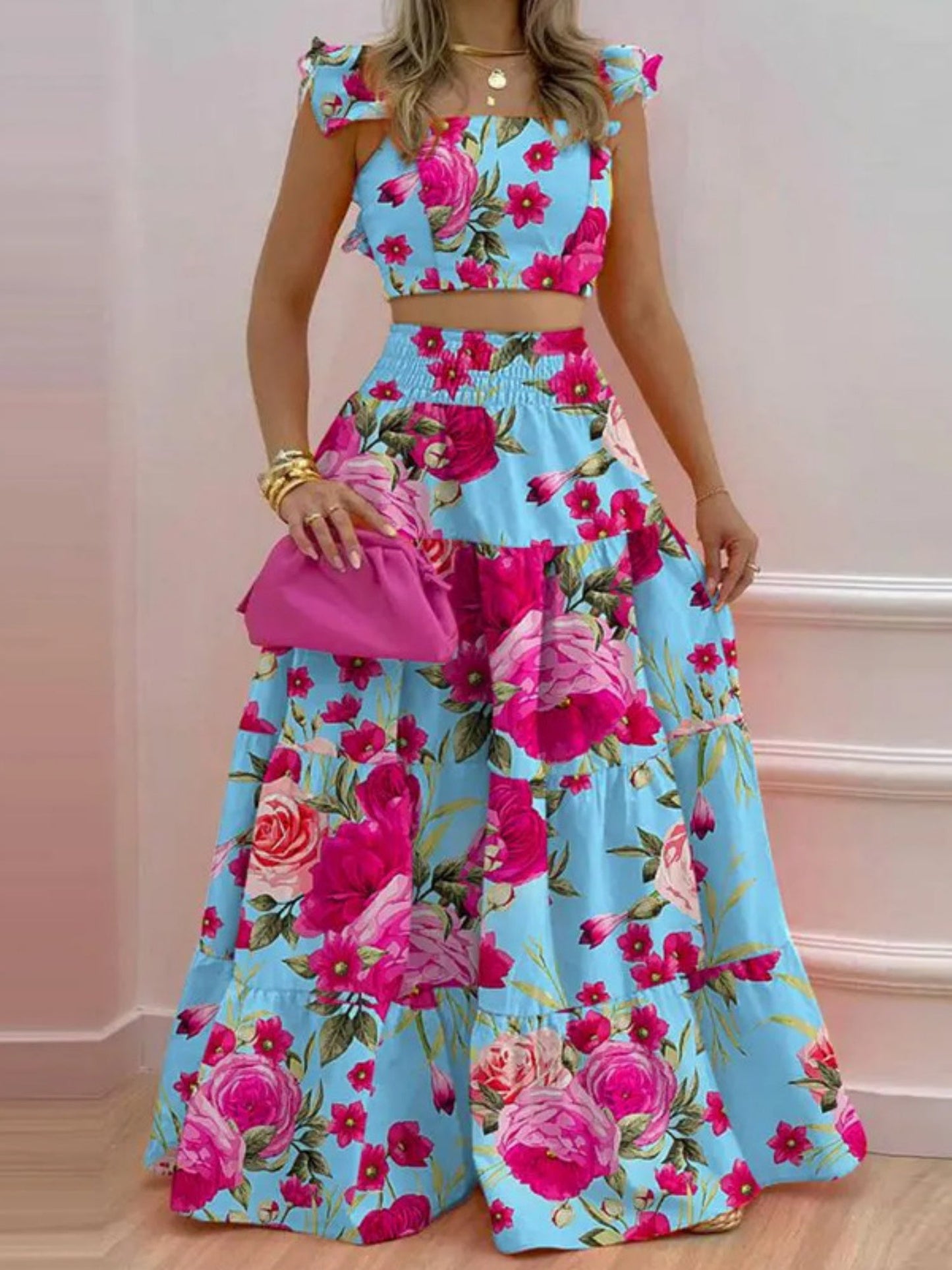 Tank Top Pleated Multi-layered Midi Skirt 2-piece Sets