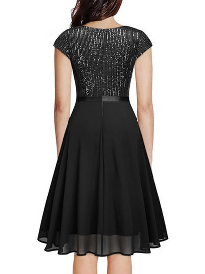 Crew Neck Sequins Chiffon Splicing Evening Dress Mini&Short Dresses