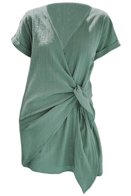 Margovil Solid Cross V Neck Tie Wrap Dress