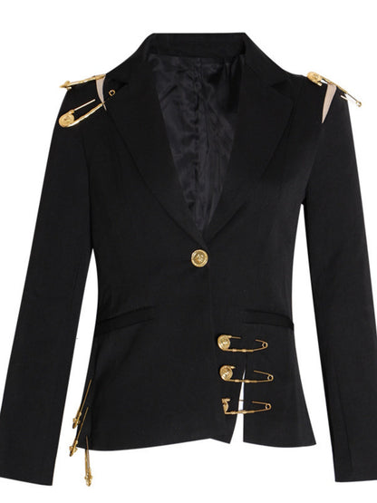 Large Safety Pin Decoration Long-sleeved Fitted Blazers
