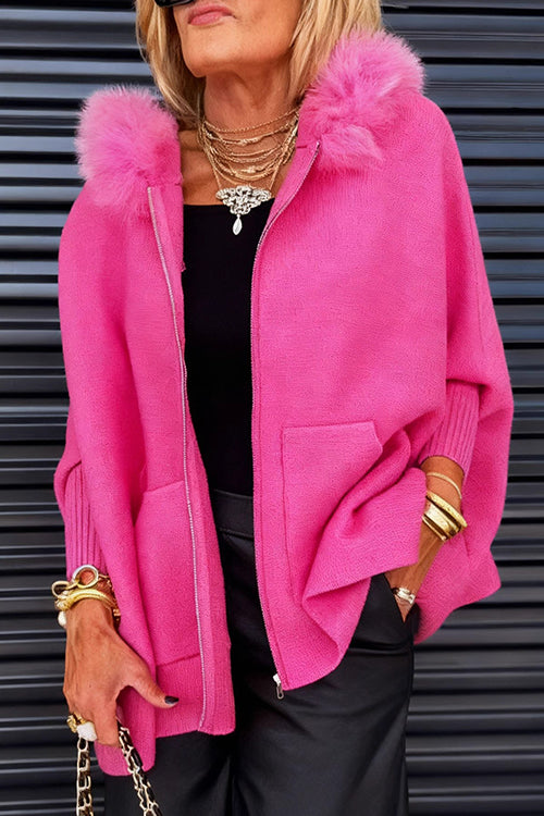 Margovil Dolman Sleeves Zipper Up Pocketed Jacket with Faux Fur Hood