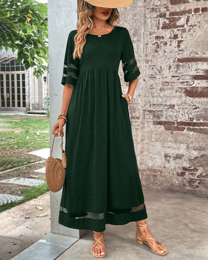 Sheer Mesh Panel Short Sleeve Empire Waist Column Maxi Dress