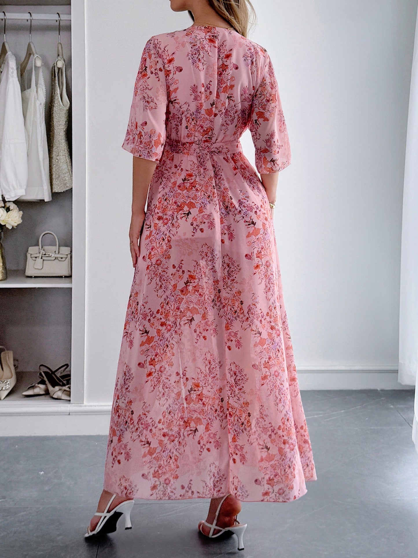 Printed Straps V-neck Short Sleeve Slit Maxi Dresses
