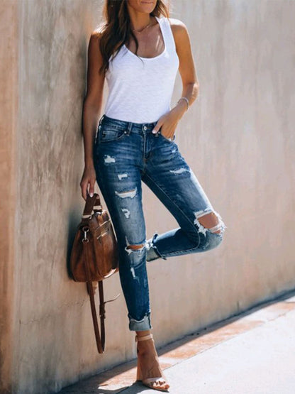 Elastic Cotton Ripped Jeans