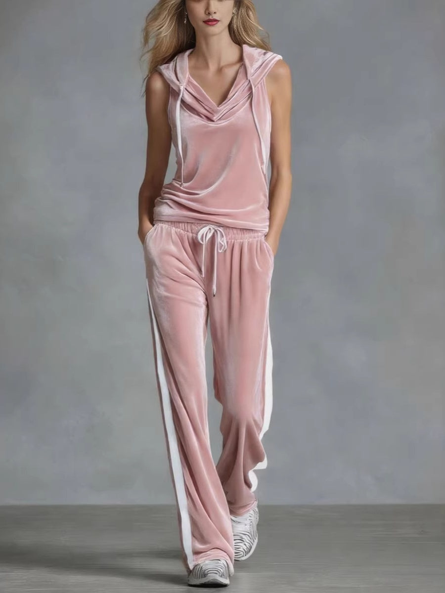 Sleeveless Sporty Casual Comfortable Hooded Velvet Two-Piece Set