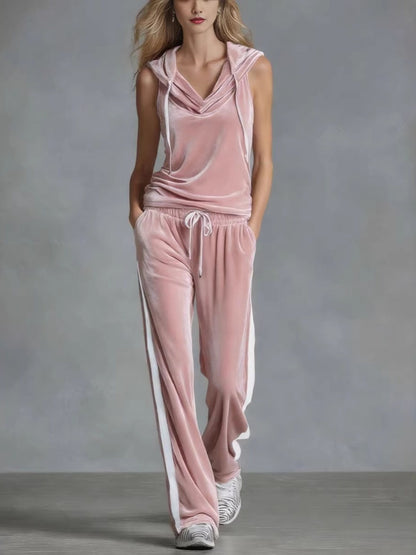 Sleeveless Sporty Casual Comfortable Hooded Velvet Two-Piece Set