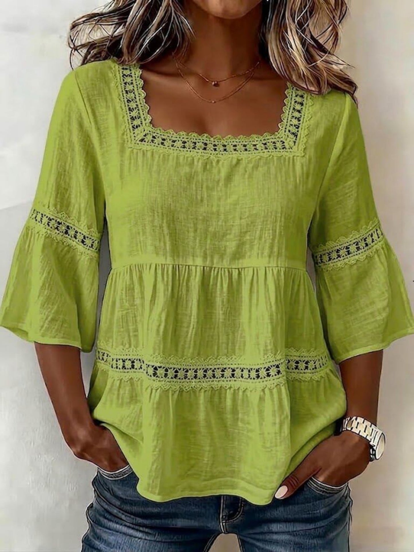 Lace Patchwork Cotton And Linen Square Neckline And Three-quarter Sleeves T-shirts