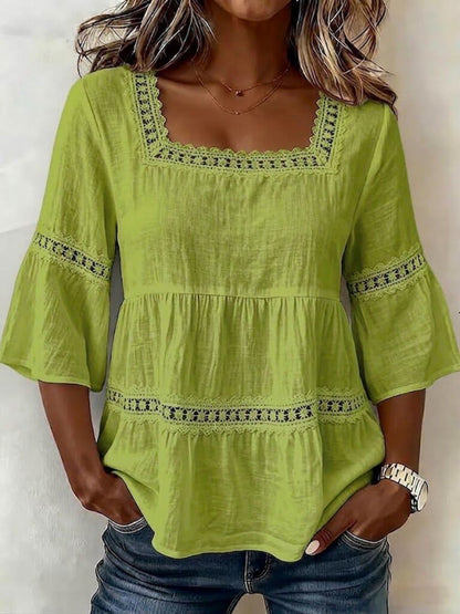 Lace Patchwork Cotton And Linen Square Neckline And Three-quarter Sleeves T-shirts