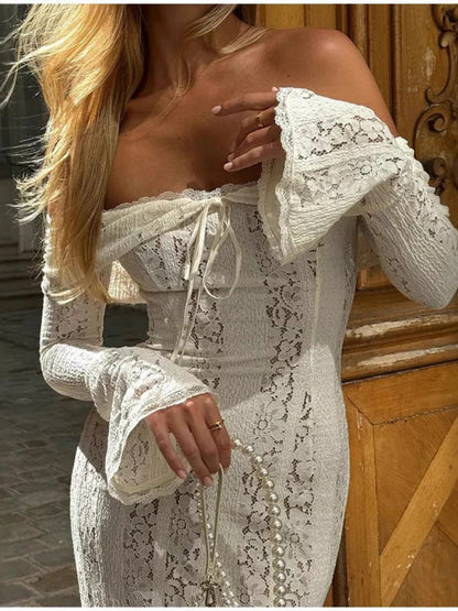 Off-the-shoulder, Fitted Waist, Lace Flared Sleeve Long Dress