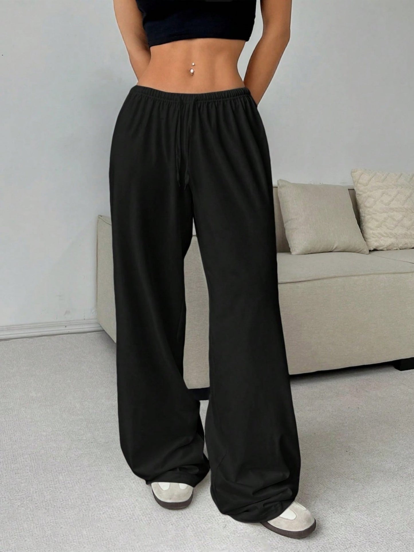 Elastic Waistband Lace Up Wide-leg Pants