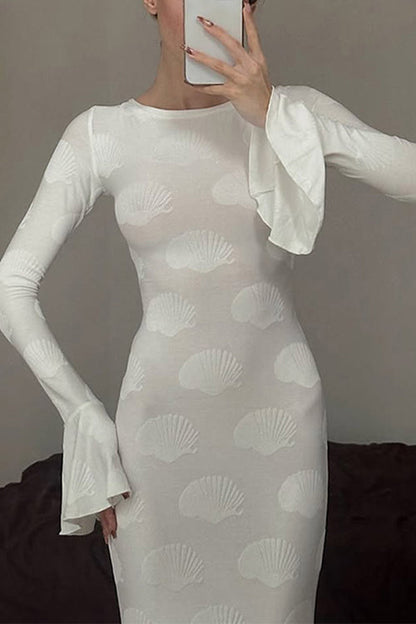 Margovil Bell Long Sleeves Backless Lace-up Shell Print Maxi Dress