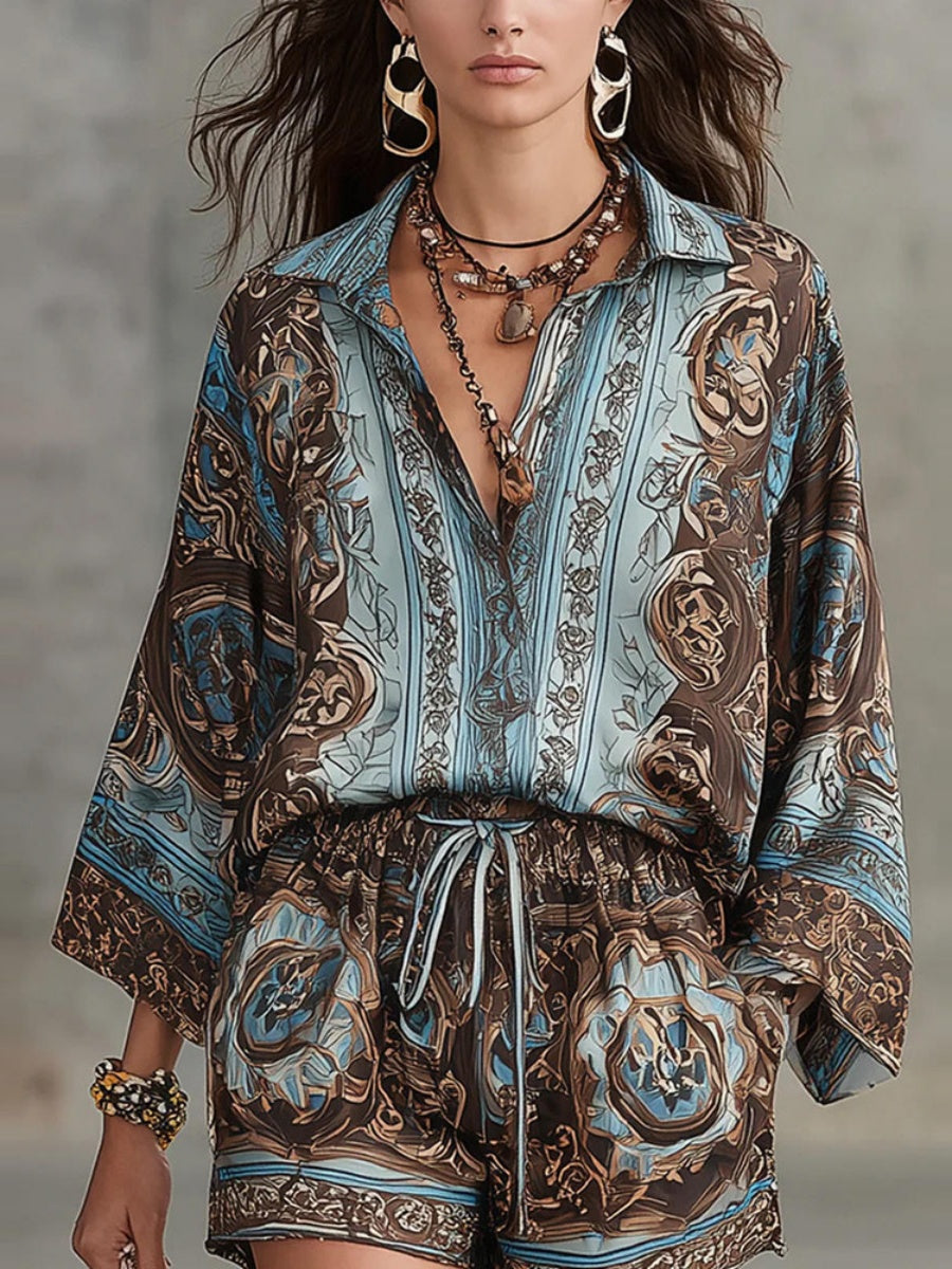 Printed Long Sleeve Shirts Loose-fit Shorts Set 2-piece Sets