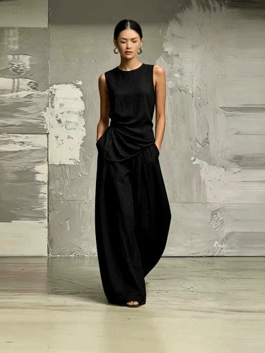 Casual Solid Color Round Neck Loose Sleeveless Top And High-waisted Trousers Two-piece Set