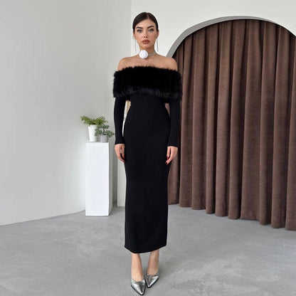 Onyx Fur Midi Dress - Black