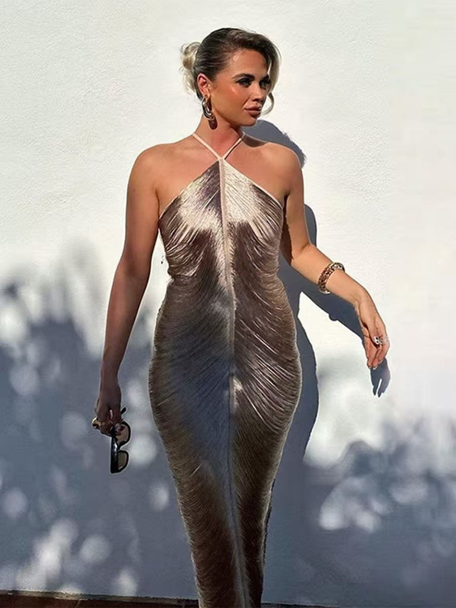 Tassel Back Slit Halter Neck Parties Maxi Dresses