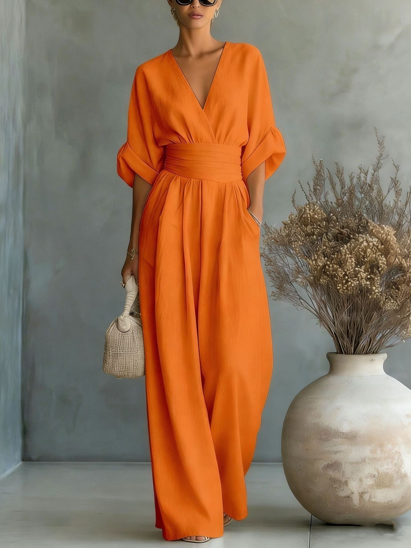 Waist-cinching V-neck Elegant Women's Jumpsuit