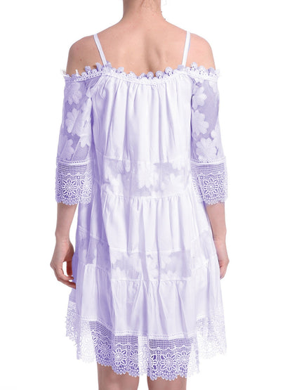 Lace Trim Hollow Out Splicing Spaghetti Strap Off-shoulder Mini&Short Dresses