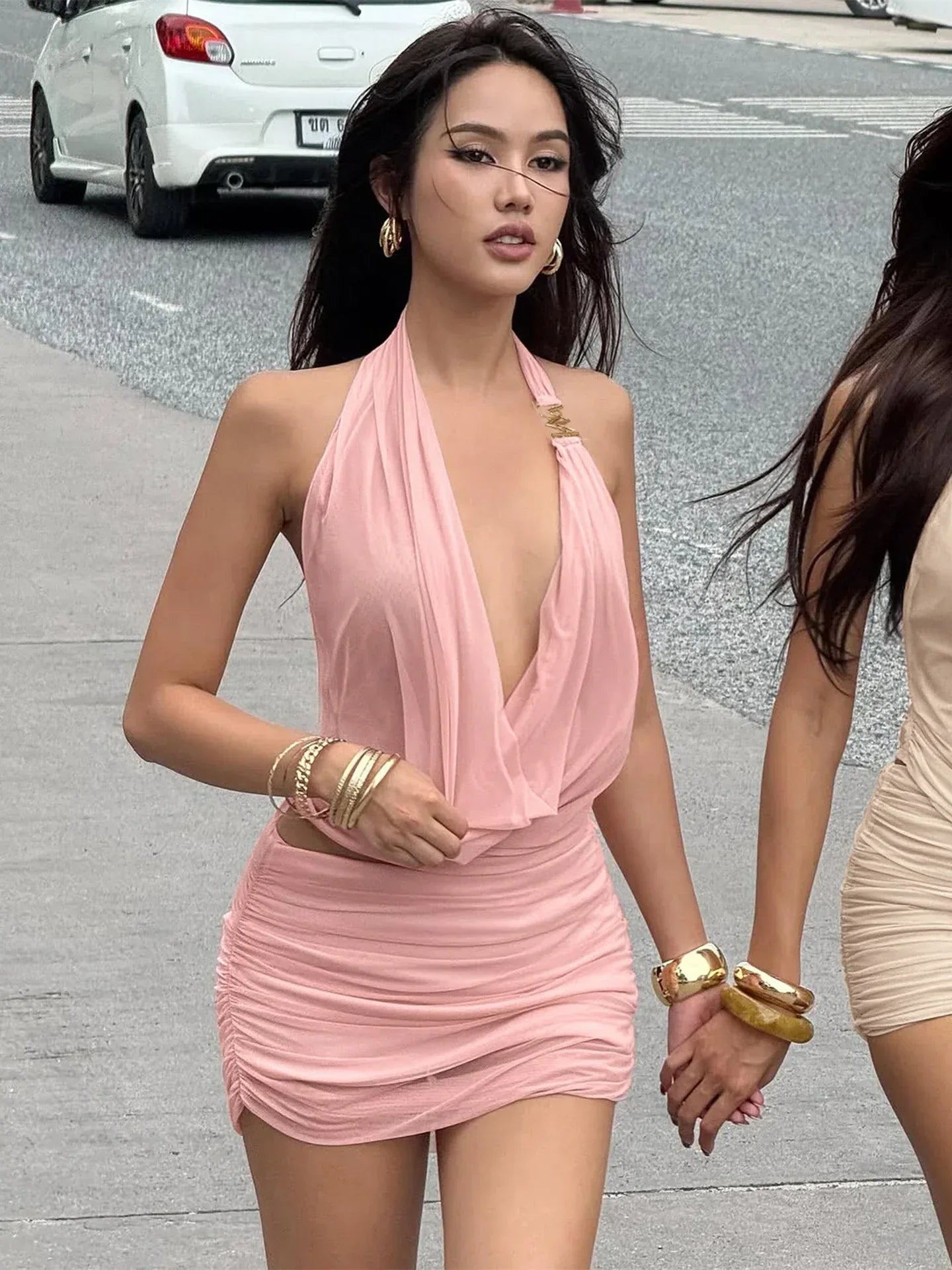 Street Style Deep V Mesh Mini Dress with Ruched Skirt