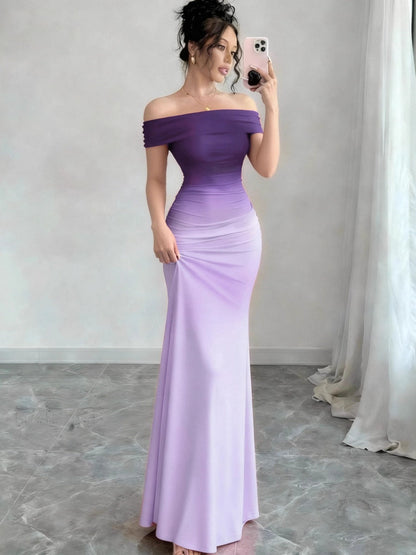 Off Shoulder Hip-hugging Gradient Maxi Dresses