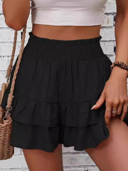 Pleated Multi-layered Lace High-waisted Shorts