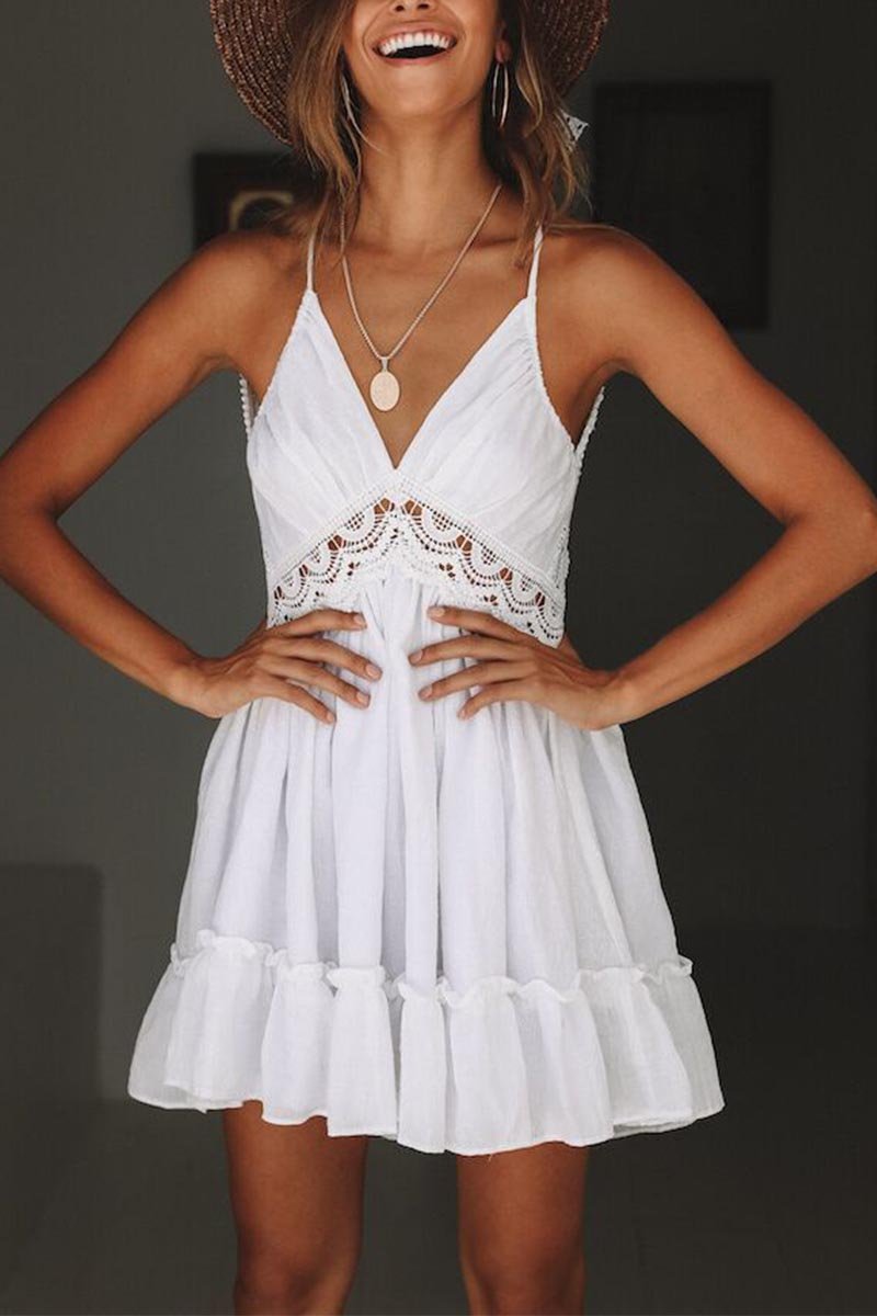 Spaghetti Strap Deep V-Neck Crochet Lace Empire Waist Ruffle Hem Mini Dress