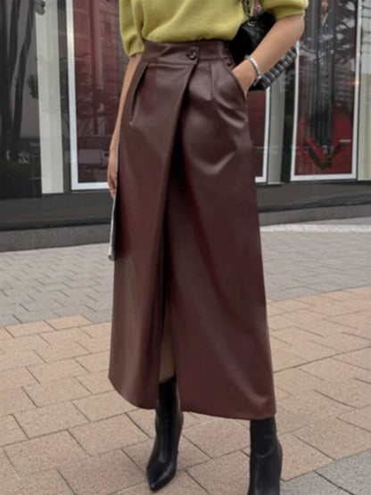 PU Leather Buttons Pleated High-waisted Side Slit Longline Skirts